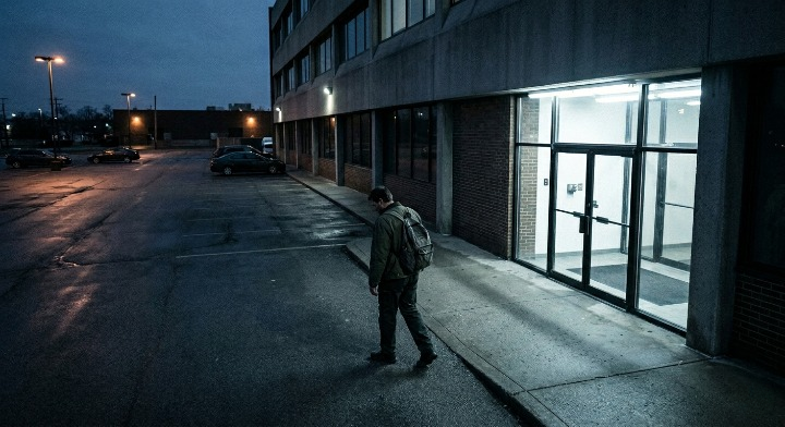 Worker outside building at night