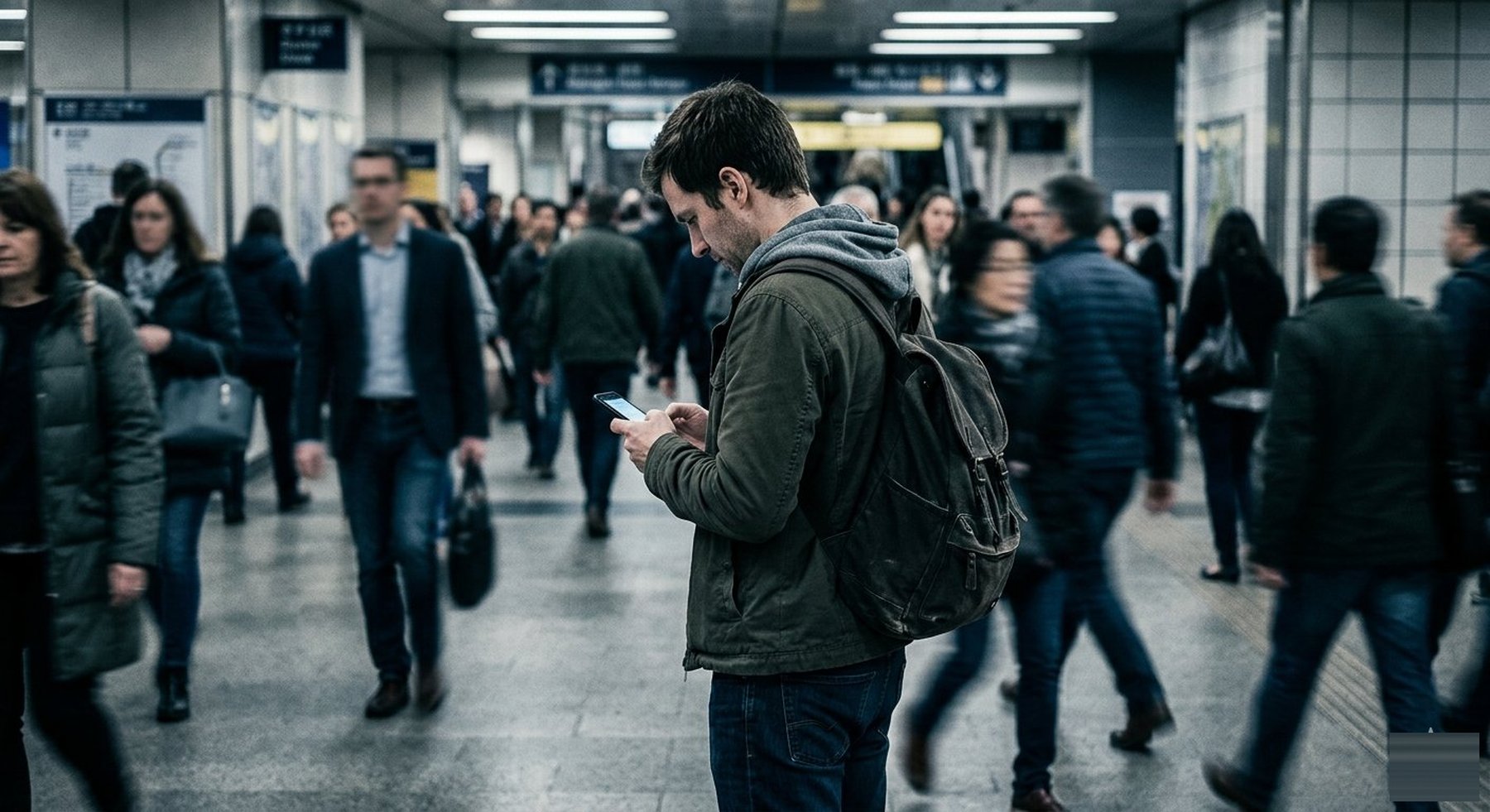 Man distracted on phone in busy public space
