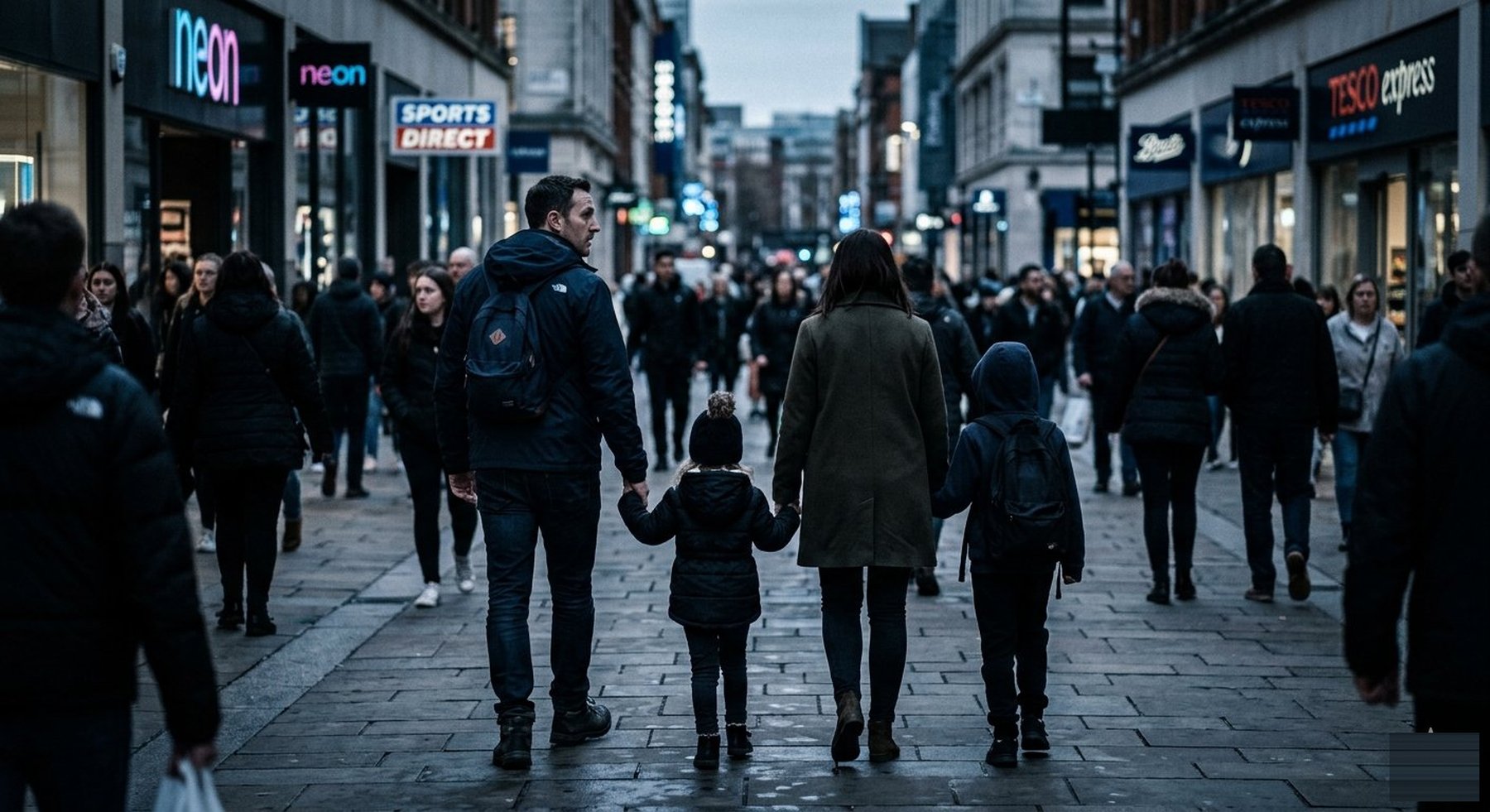 Father walking with family in public environment