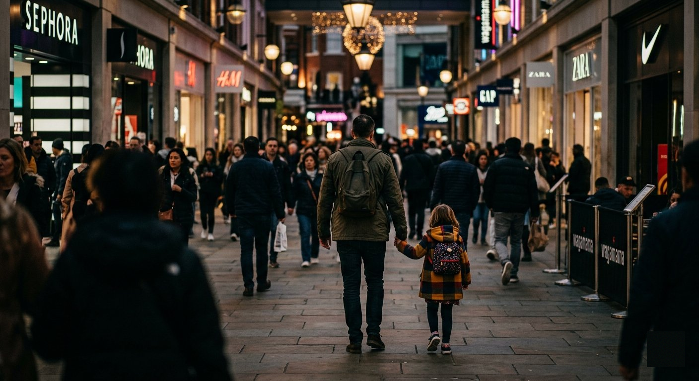 Father and child in busy shopping environment
